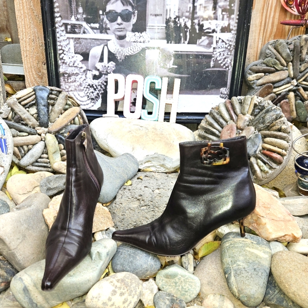 Escada leather ankle bootie with tortoise logo and stiletto heel